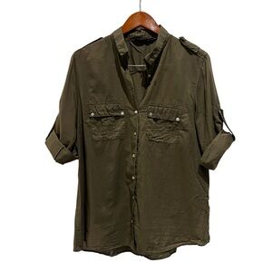 Zara Basic Women’s Military Style Button Down Shirt Olive Green Size XL